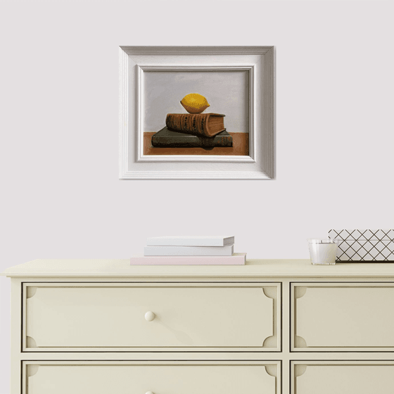Lemon & Books Still Life; Framed & ready to hang home decor gift oil painting.