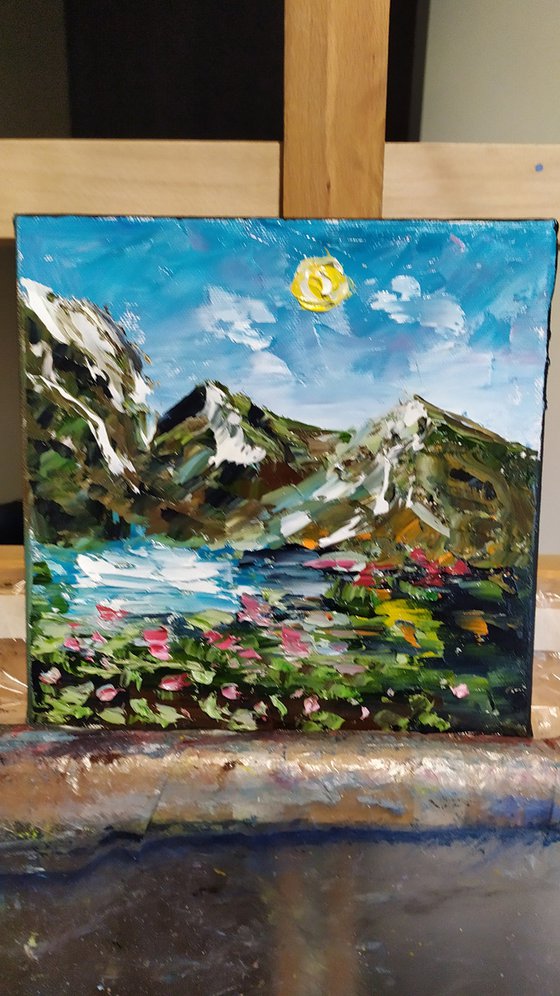 Sunny day in mountains, original small landscape oil painting, bedroom art