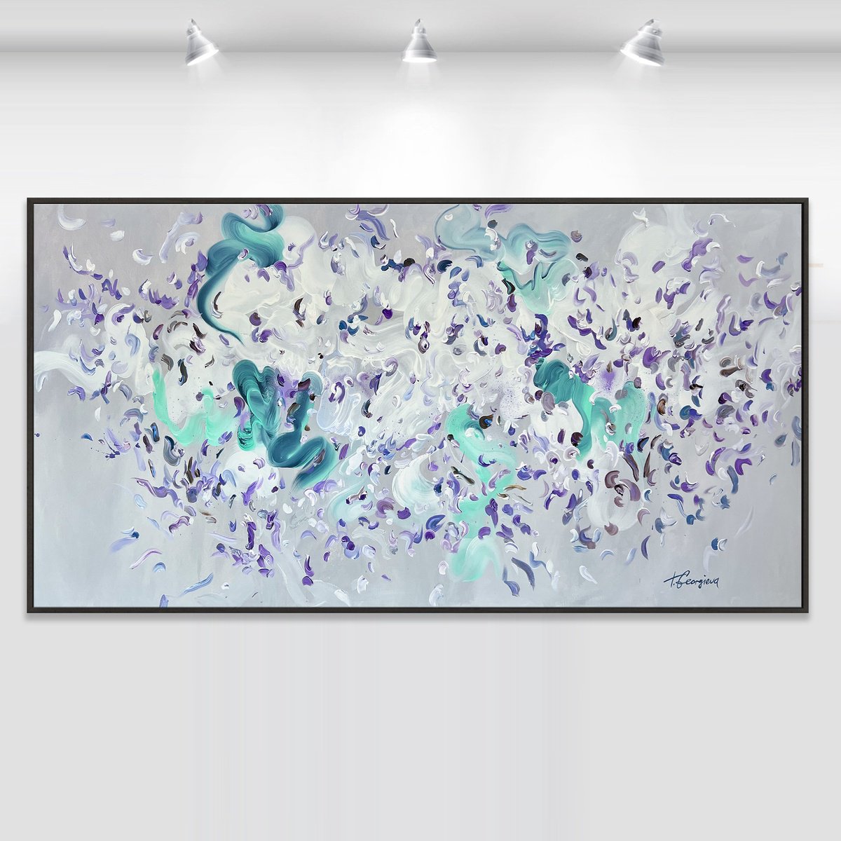 Organic Abstract Acrylic Painting By Tatiana Georgieva, 73 X 38", Jacaranda Flowers, Original Artwork
