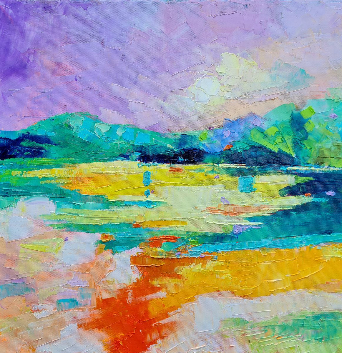 Organic Landscape Oil Painting By Simon Tunde, 16 X 16", Colorful Reflections, Original Artwork