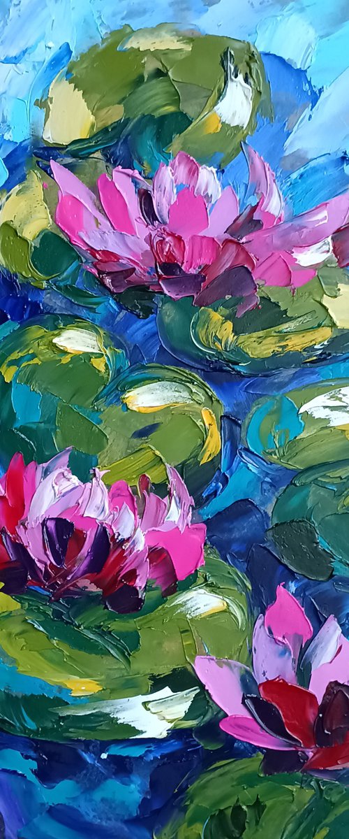 Lilies on the lake - lilies oil painting, lake, river, flowers in water, flowers on the river, water lilies, water lilies oil painting by Anastasia Kozorez