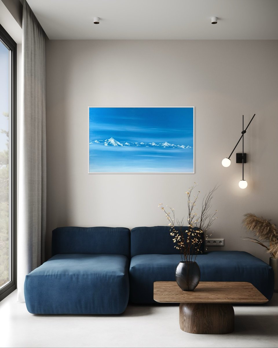 Impressionistic Landscape Oil Painting By Cat Goward, 48 X 30, Himalayas In Blue, Original Artwork