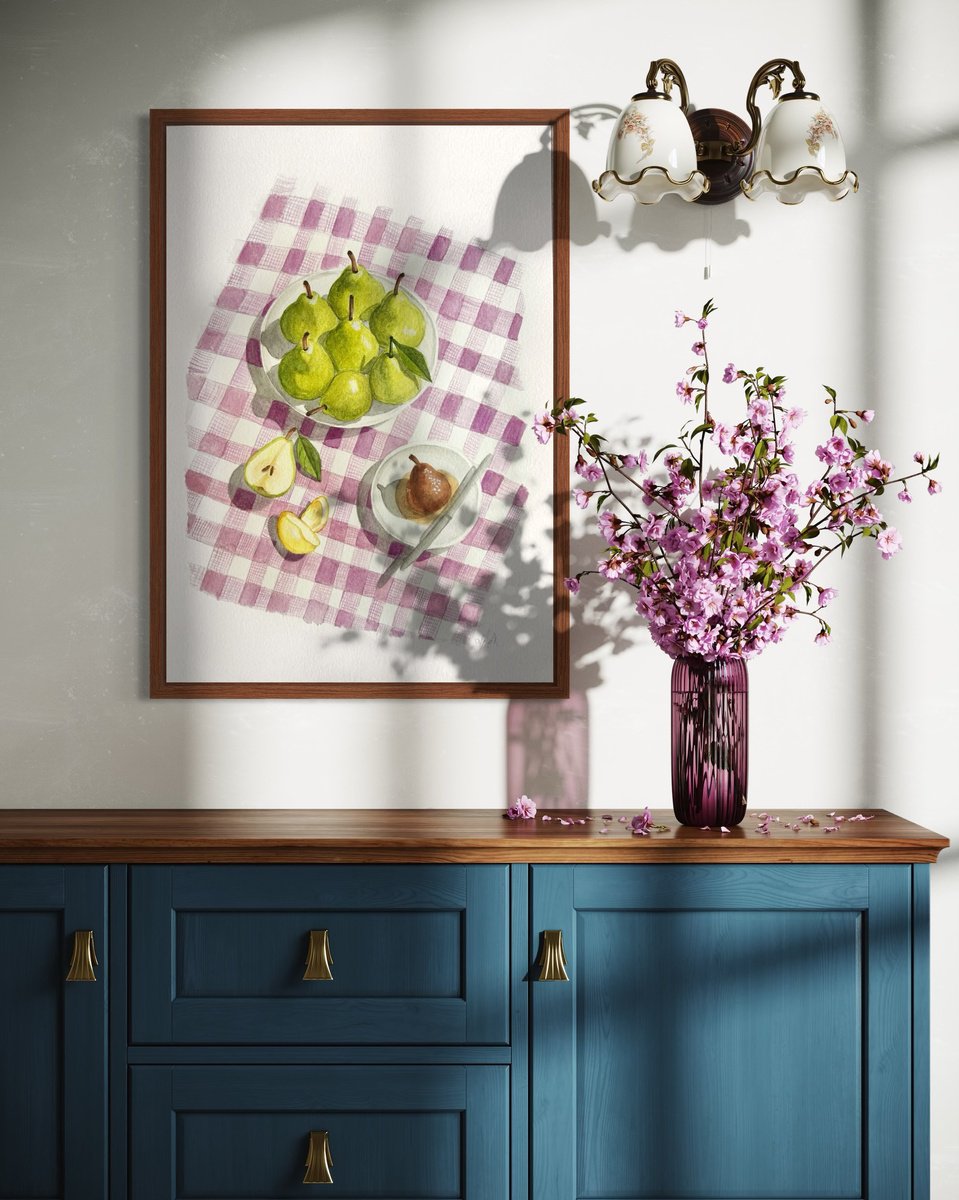 Impressionistic Still Life Watercolour By Amelia Taylor, 8 X 12, Pear Picnic, Original Artwork