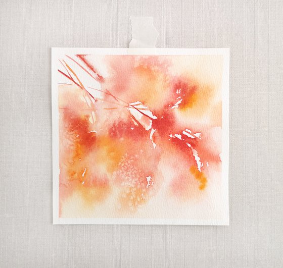Orange abstract flower bouquet, watercolor miniature painting