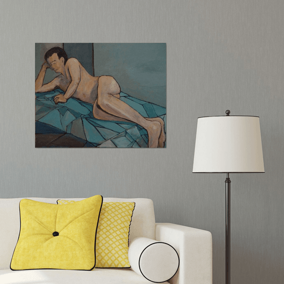 Nude Man Rests on Blue Cover