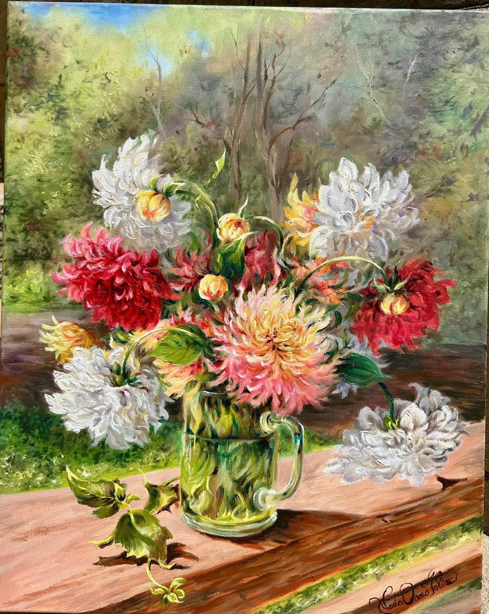 Photorealistic Botanical Oil Painting By Oana Voda, 16 X 20", Dalia In The Sun, Original Artwork