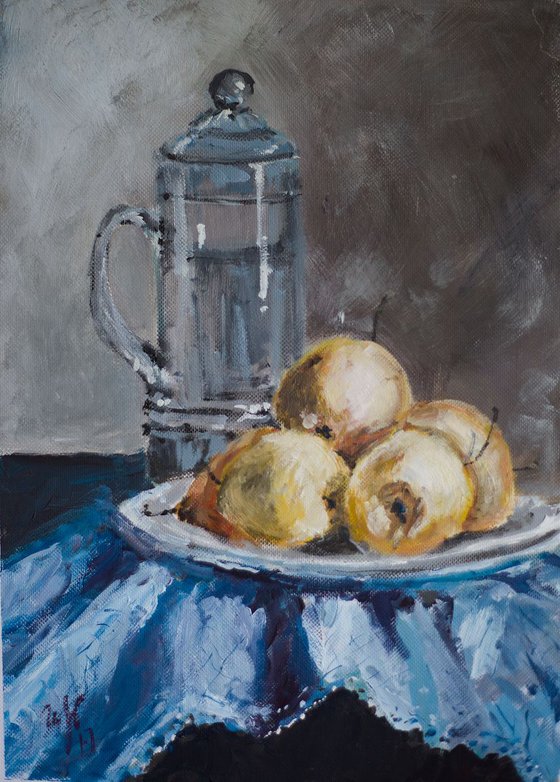 Still life with pears. Small original painting blue yellow impressionism nature fruits