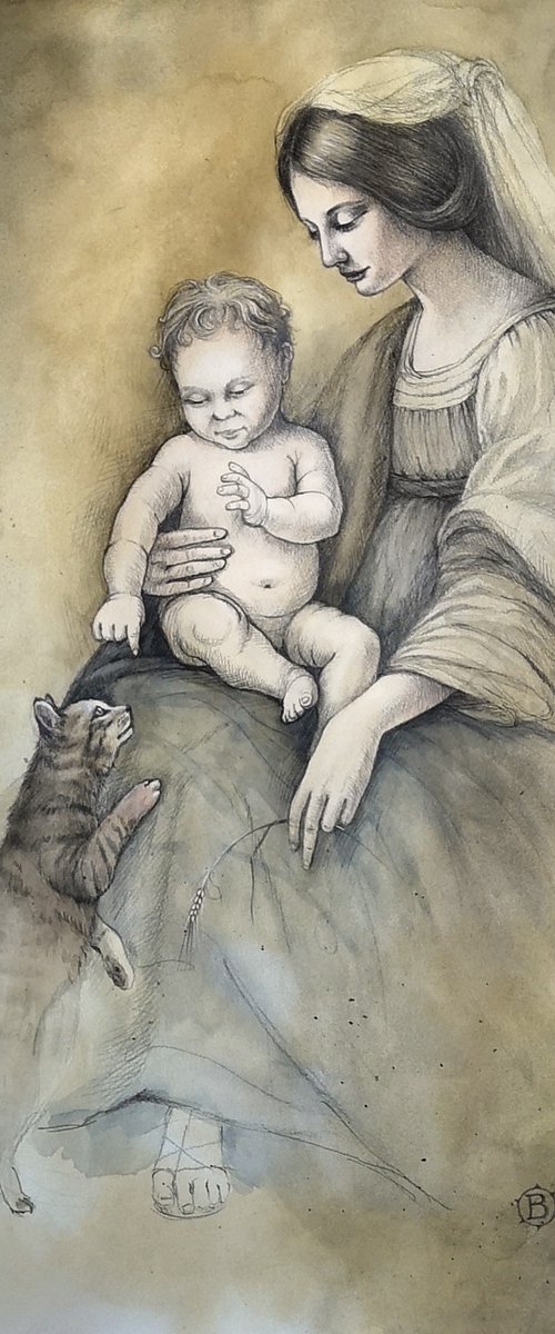 Madonna and Child with a Cat by Olga Beliaeva Watercolour
