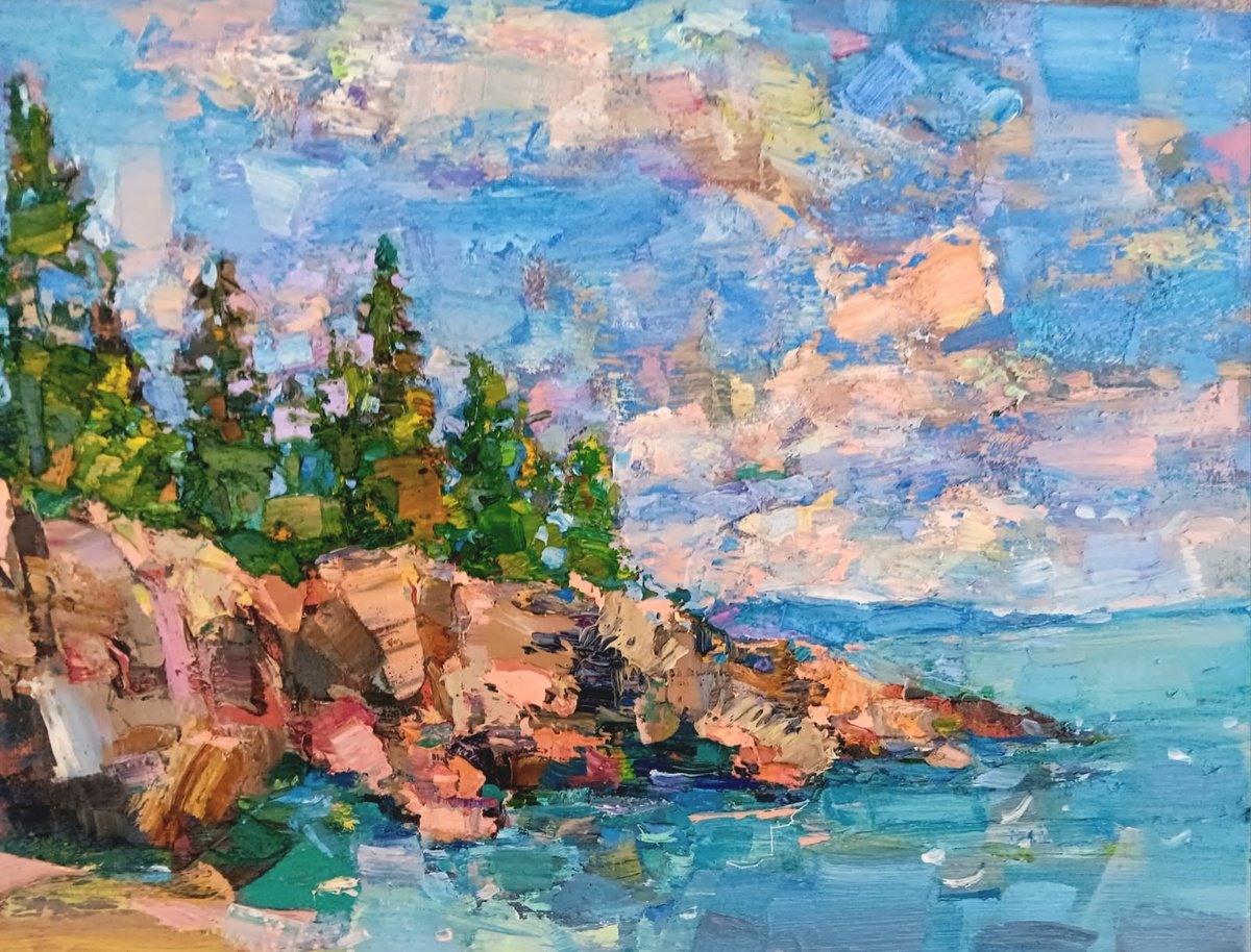 Impressionistic Landscape Oil Painting By Ruslan Khais, 24 X 18", New England Blue, Original Artwork
