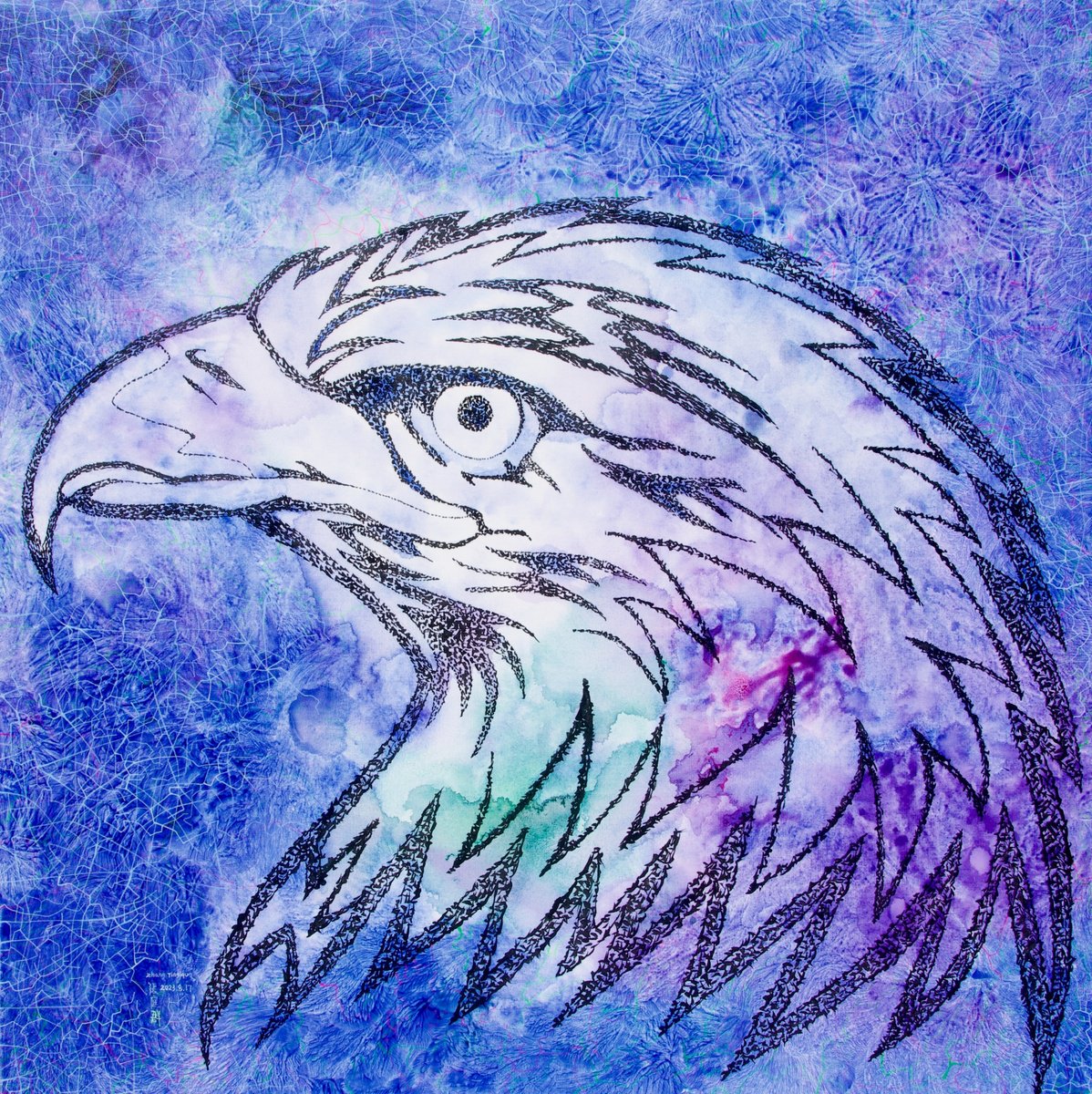 Graphic Animal Acrylic Painting By Tingqun Zhang, 48 X 48", Eagle, Original Artwork