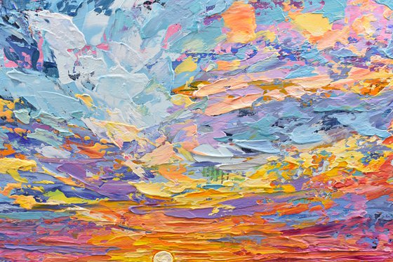 Magical Sunset - Original Sunset Painting on Canvas, Heavy impasto seascape artwork