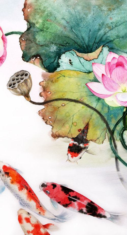 Koi Fish and Lotus Flowers #1 by Olga Beliaeva Watercolour