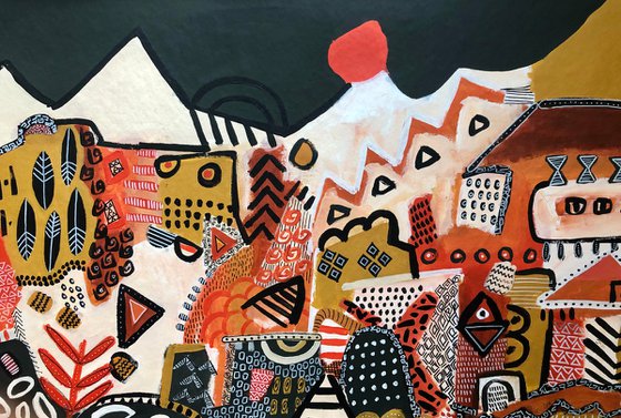 Landscape with red sun.