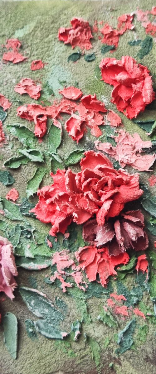 Miniature pink roses. A small floral botanical relief. 3d painting of spring flowers with ceramic petals. by Irina Stepanova