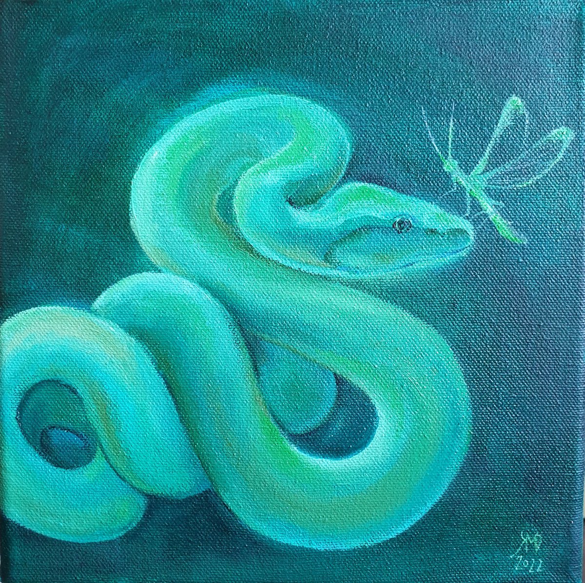 Illustrative Animal Oil Painting By Ksenia June, 8 X 8", Snake Insect Invitation, Original Artwork