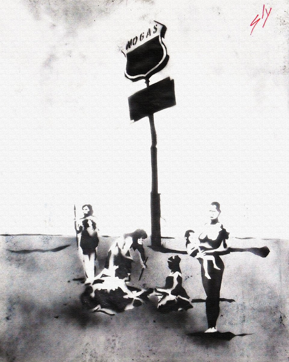 Cityscapes Painting By Juan Sly, 23 X 30", One Empty Gas Tank... (Bc)., Original Artwork