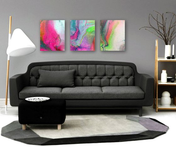 "Menage A Trois" - FREE USA SHIPPING - Original Triptych, Abstract PMS Acrylic Paintings Series - 48" x 20"