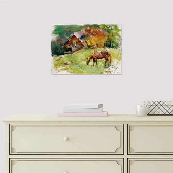 Moments of autumn in the mountains | Landscape with a horse and a house | A la prima etude | Original oil painting