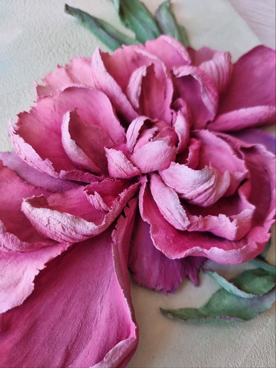 WINE PEONY - BRIGHT ACCENTS WITH PURPLE-RED FLOWERS. Small ceramic sculpture 3d flower with relief petals. Botanical bas-relief.