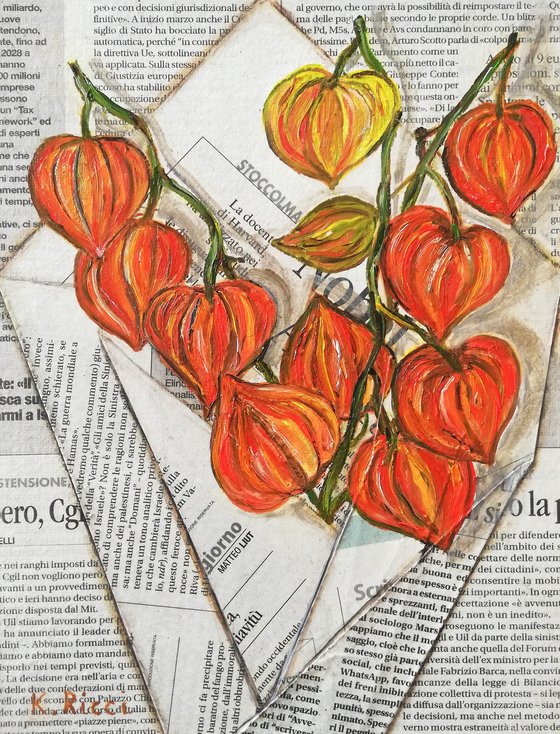 "Physalis Flowers Chinese Lanterns in a Newspaper Bag" Original Oil on Canvas Board Painting 7 by 10 inches (18x24 cm)