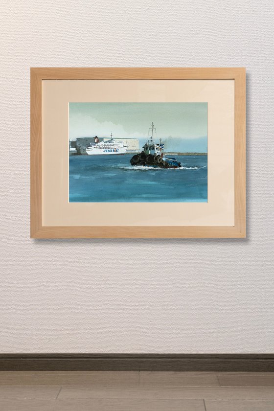 Tugboat and the Passenger Ship at Dusk