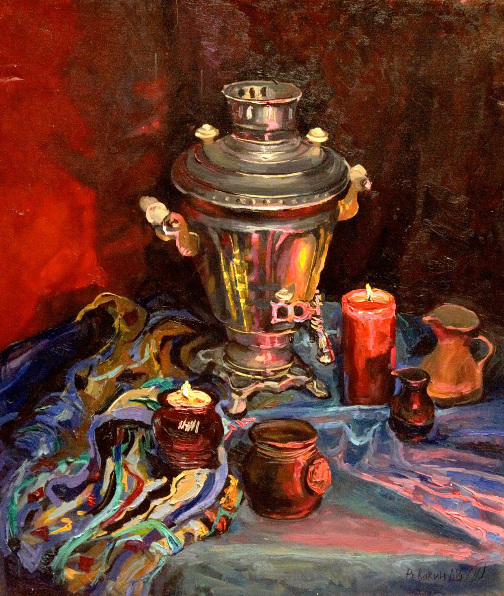 Still life with samovar and candles by Dmitry Revyakin