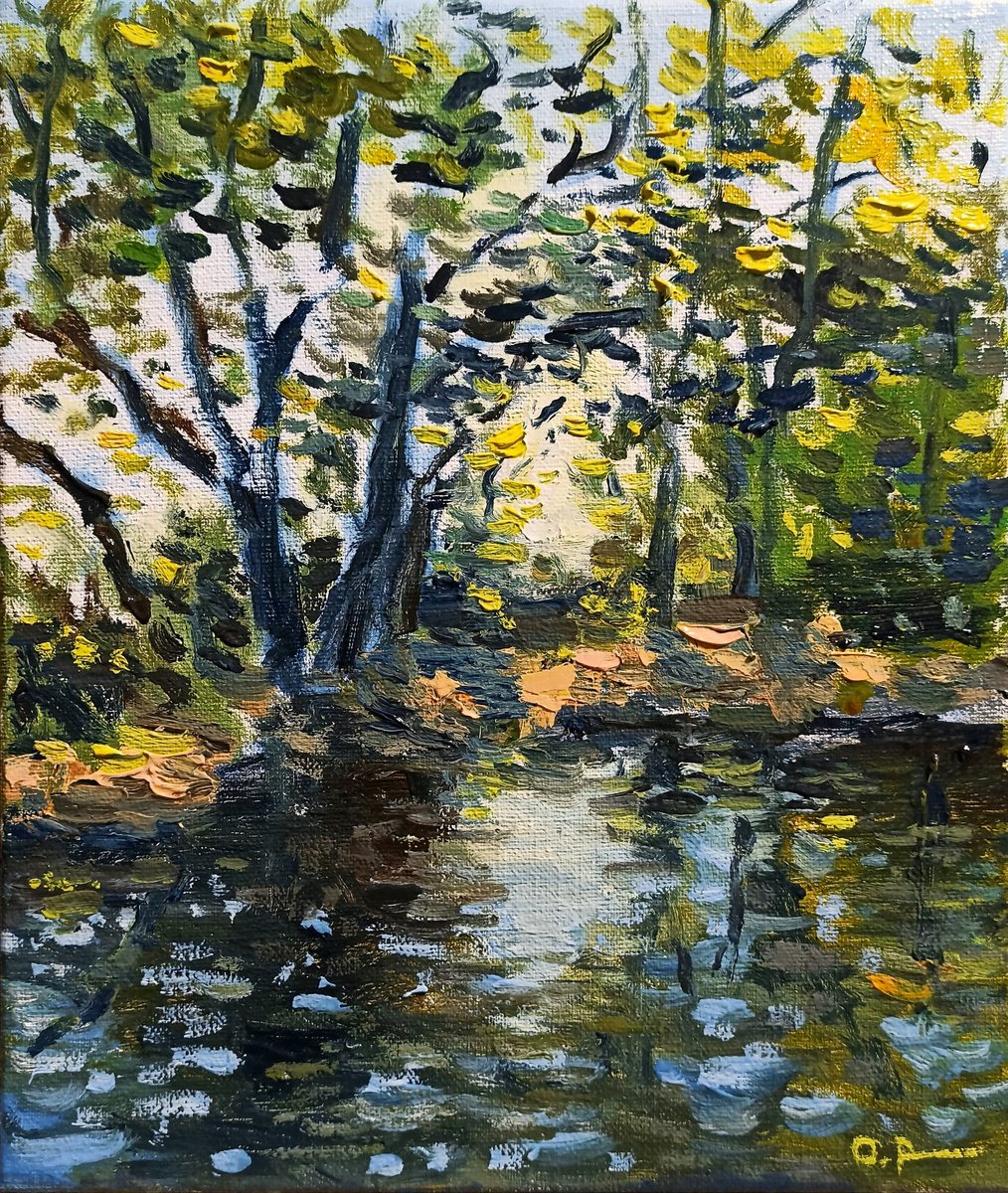 Impressionistic Landscape Oil Painting By Oleh Rak, 10 X 12", Reflection, Original Artwork