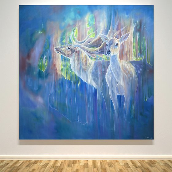 Divine Monarchs in Blue, large semi-abstract deer painting