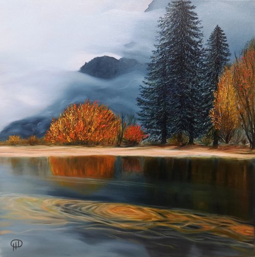 Amber of autumn, oil painting, original gift, home decor, Bedroom, Living Room, Leaves, yellow, reflection in water, Lake, Trees, Log, Mountains, Peace, Meditation by Natalie Demina