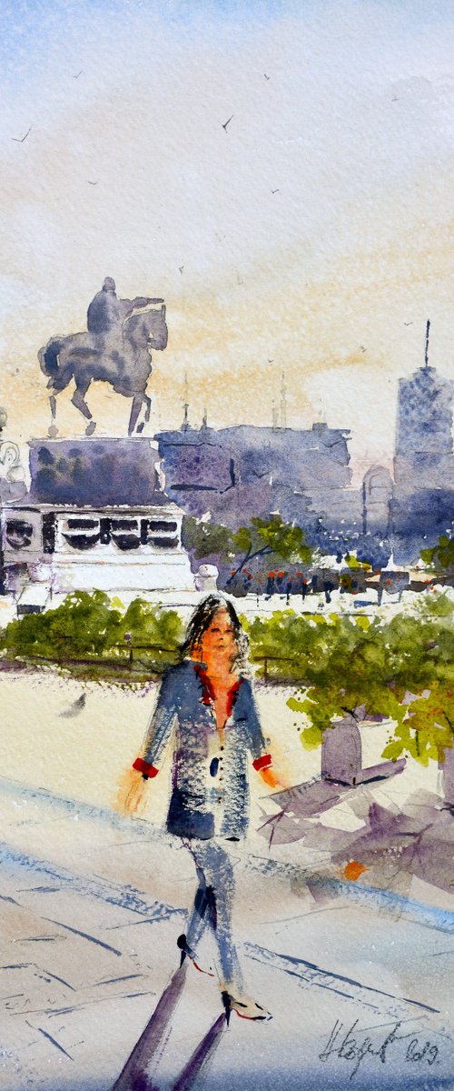 Morning on the Square Beograd 17x36 cm 2019 by Nenad Kojić watercolorist