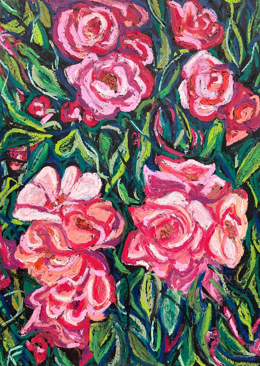 Rose Original Panting, Pink Flowers Oil Pastel Drawing, Gift for Her, Bright Colorful Wall... by Kate Grishakova