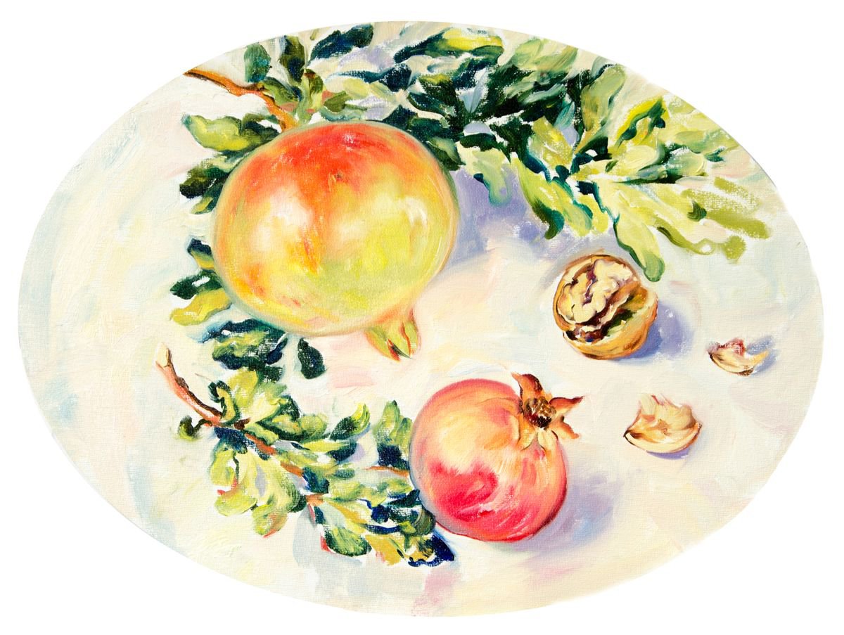 Impressionistic Still Life Oil Painting By Daria Galinski, 16 X 12, Still Life With Pomegranate On Oval Canvas., Artfinder