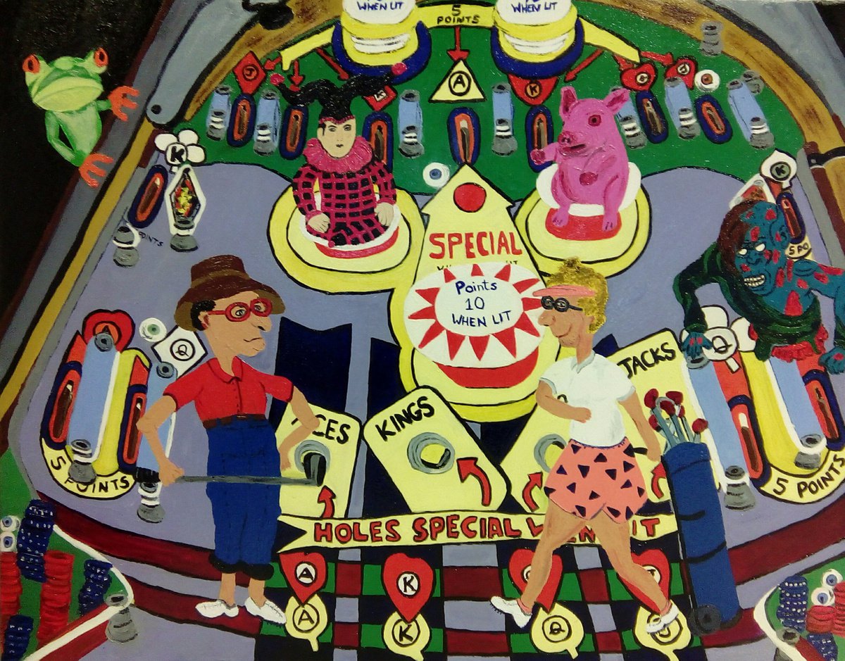 Naive Abstract Oil Painting By Corinne Hamer, 36 X 28, This Is Not Golf!, Original Artwork