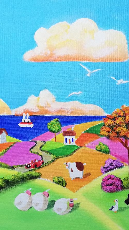 Cow & sheep seaside Folk art patchwork fields by Gordon Bruce