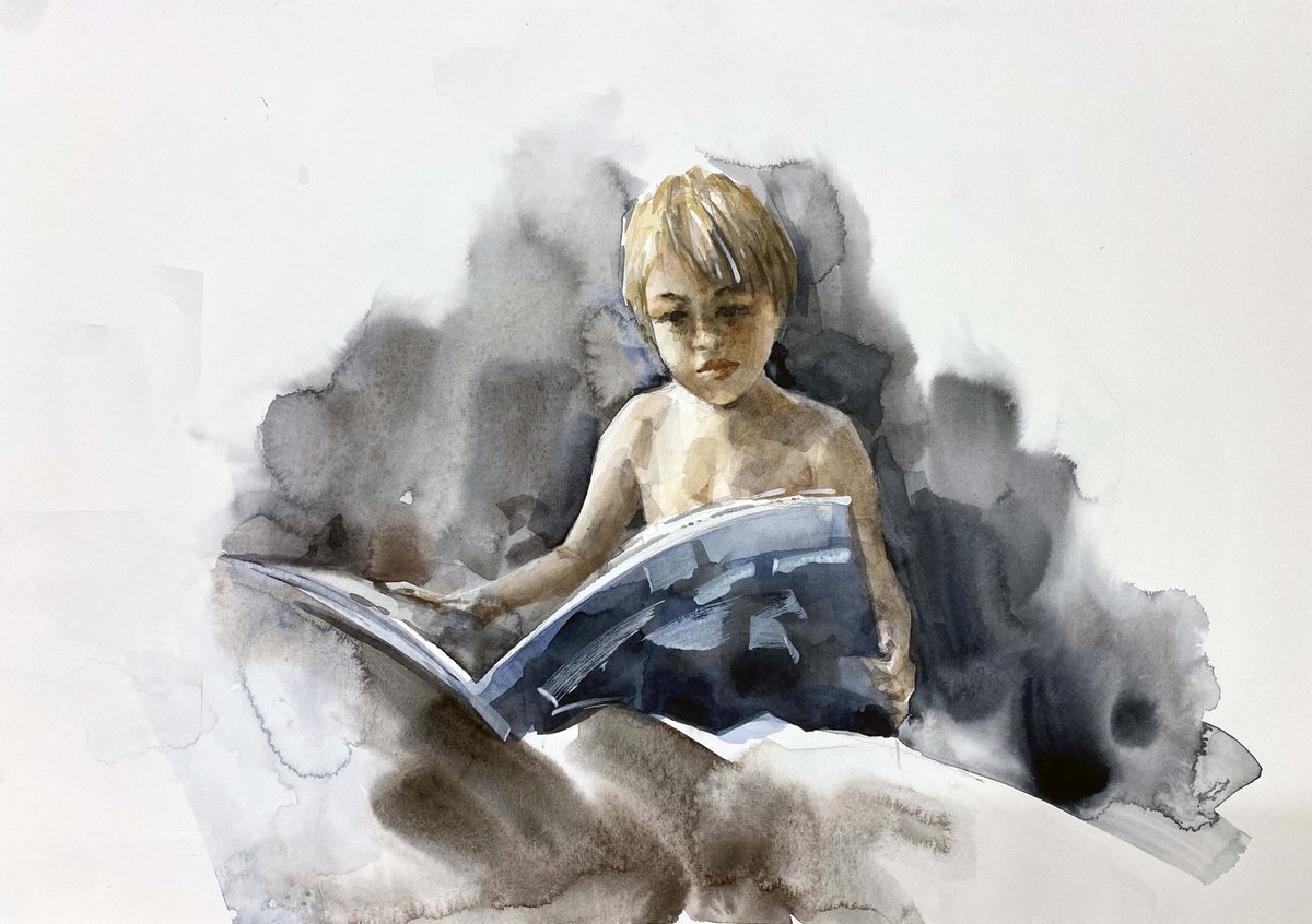 Impressionistic Portrait Watercolour By Galina Poloz, 17 X 12, Bedtime Story., Original Artwork