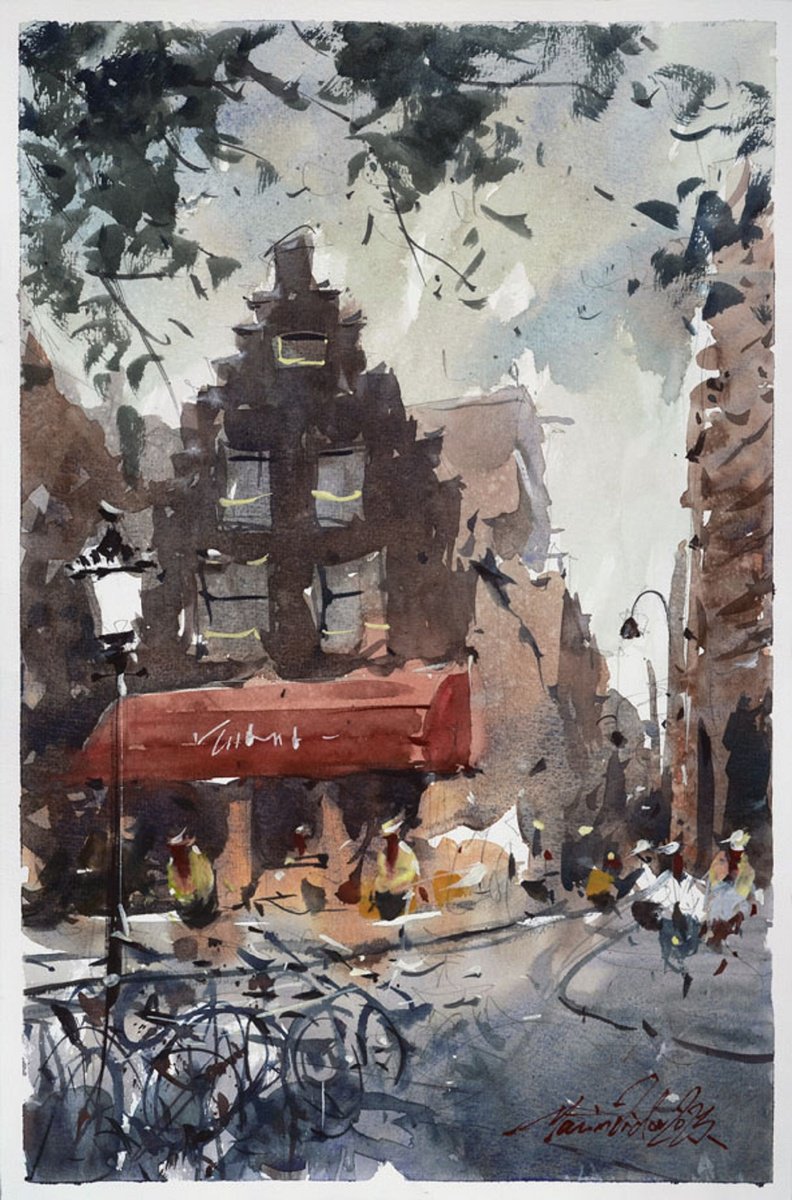 Impressionistic Cityscapes Watercolour By Marin Victor, 9 X 14", Amsterdam, Watercolor Art., Original Artwork