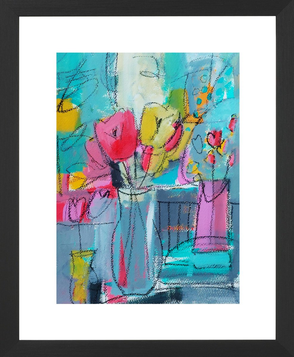 Abstract Botanical Acrylic Painting By Jan Rippingham, 12 X 16, Mixed Tulips Iii, Original Artwork