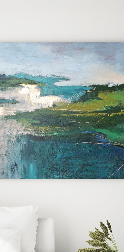 "North" Green and gold abstract acrylic art by Solomia