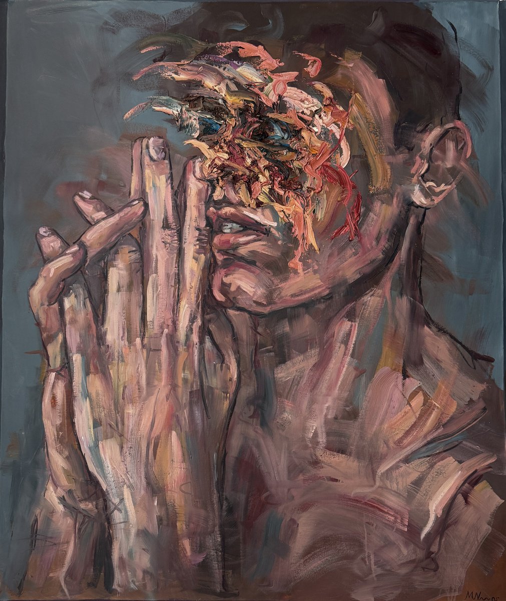 Expressive Portrait Oil Painting By Emmanouil Nanouris, 39 X 47, Blurry Eyes, Original Artwork