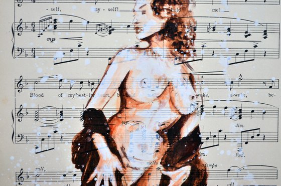 Nude 4 - Feel The Power - Collage Art on Vintage Music Sheet Page