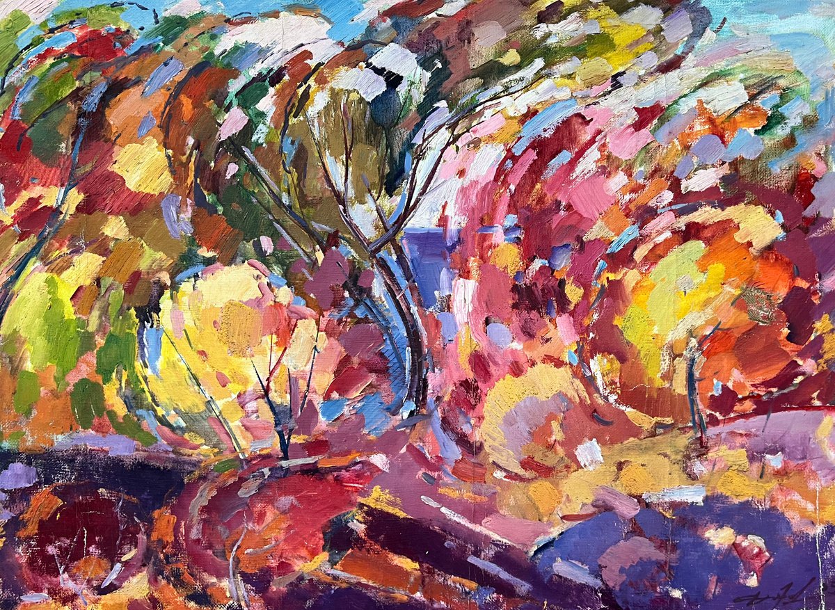 Impressionistic Abstract Oil Painting By Peter Tovpev, 24 X 31", Between The Rainbow, Original Artwork