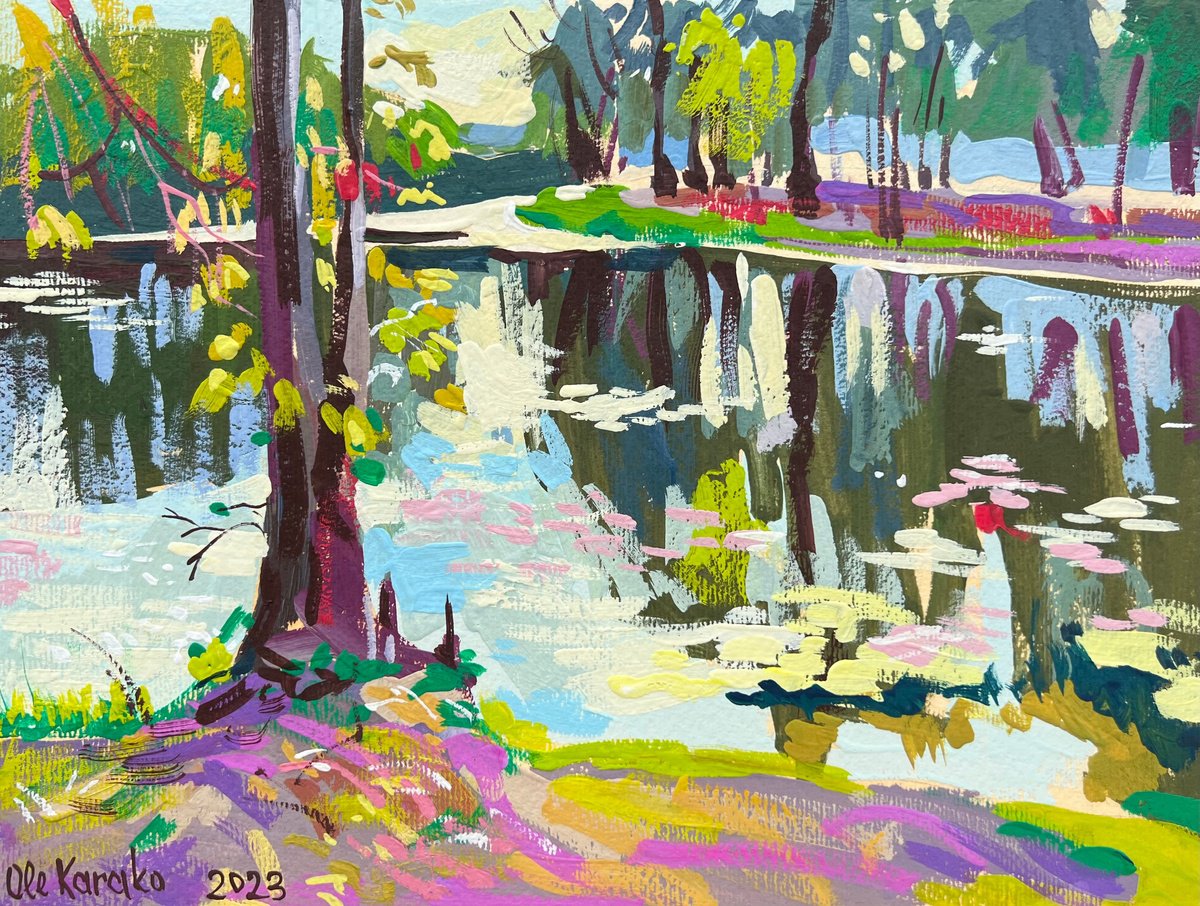 Impressionistic Landscape Painting By Ole Karako, 13 X 9", Hydropark In Kyiv 2, Original Artwork