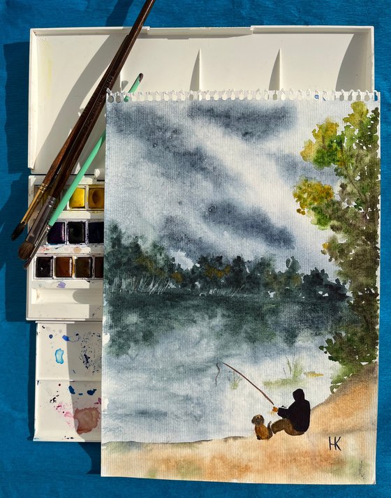 Man and Dog Painting Fishing Original Art Lake Watercolor Small River Landscape Wall Art 8 by 12" by Halyna Kirichenko