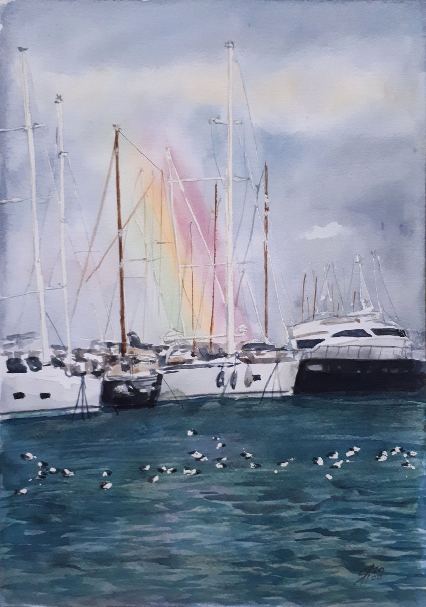 Impressionistic Landscape Watercolour By Salana Art / Svetlana Samovarova, 12 X 17", Rainbow In Harbor, Original Artwork