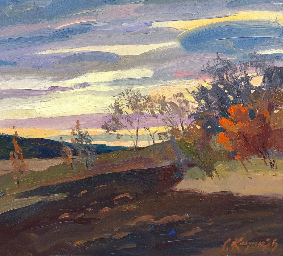 Impressionistic Landscape Acrylic Painting By Sergey Kachin, 22 X 20", Evening, Original Artwork