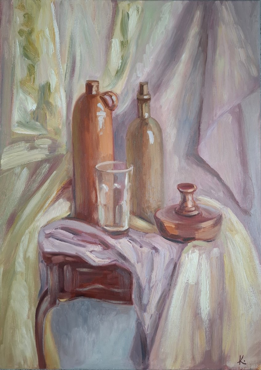 Impressionistic Still Life Oil Painting By Olena Kolotova, 20 X 28", Still-Life With Bottles, Original Artwork