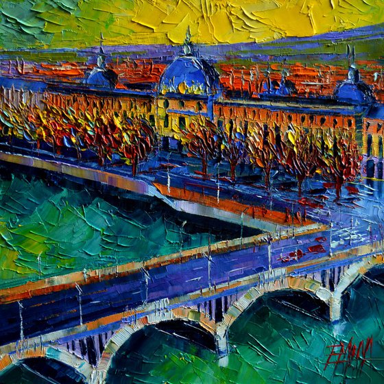 Pont Wilson and Hotel Dieu de Lyon - contemporary impressionist palette knife oil painting