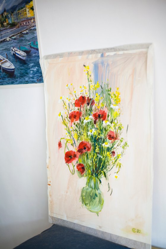 Poppies and camomiles. Summer bouquet in a studio. Bright colors medium size interior abstract flowers red yellow tender