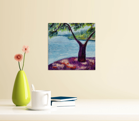 Sea Original Painting, Tree and Beach Oil Pastel Drawing, Seascape Art, Coastal Home Decor
