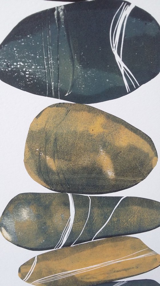 Zen stones - Twelve stones #4  ( banded balancing stones lino/monoprint)